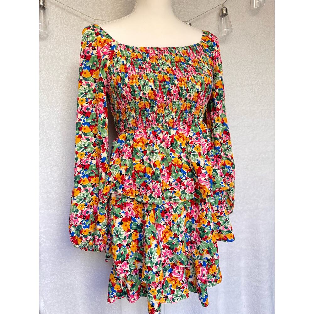 Hailey & Co Colorful Floral Long Sleeve Tiered Romper Mini Dress Women's Small - Picture 2 of 11